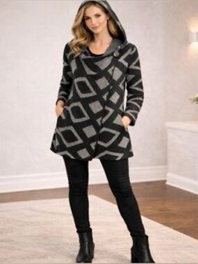 FYLO Hooded Geometric Knit Cowl Neck Sweater size M